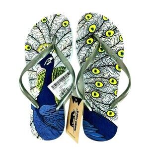 Rhino Flops Flip Flops  Women's M (7-8)  NWT  Peacock Pattern Footbed Sandals